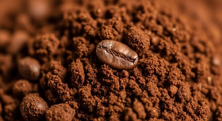 Close-up of Coffee Bean on Ground Coffee with Warm Brown Tones