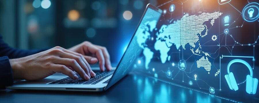 Person works with laptop showing world map hologram. Digital tech connects global network. Tech innovations provide virtual business transformation. Modern service, software help online