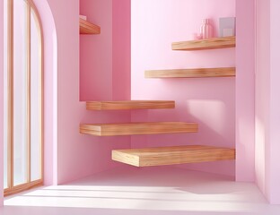 Minimalist pink room with natural light and wooden shelves.