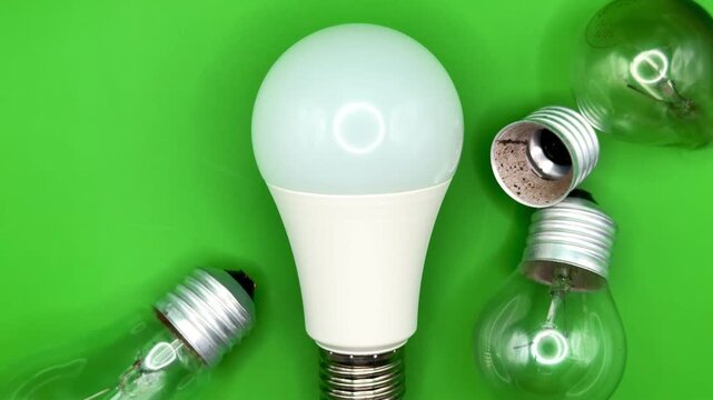 Modern LED lamp, saving electricity. Tungsten light bulb lamp. Non-working light bulb, broken light bulb. Concept of light and dark, idea, electricity copy space, flay lay, top view. High quality