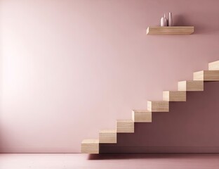 Modern wooden staircase ascends a pastel pink wall with a floating shelf.