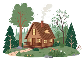 Comfortable Cabin In The Woods Spot Illustration isolated on white background