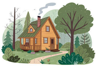 Comfortable Cabin In The Woods Spot Illustration isolated on white background 2