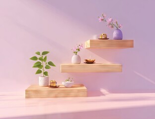 A serene display of decorative items on wooden shelves with soft lighting.