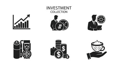Set of six black glyph icons representing concepts of business investment and financial growth.