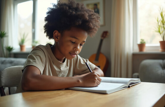 Young African American boy with curly hair writes in notebook at table. Child studies at home, focused on schoolwork. Boy learns and does homework indoors with copy space. - Powered by Adobe