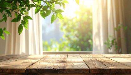 Sunlit wooden tabletop with open window, white curtains, and green leaves outside.