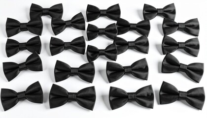 Black bow ties arranged on white background showcasing varied shapes and knot