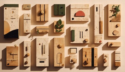 A collection of decorative wooden and stone objects with abstract designs.