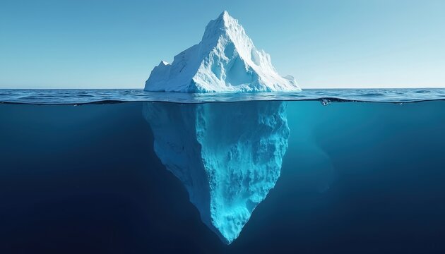 Large white iceberg floats in clear blue ocean water. Immense body mostly hidden under sea surface. Small, visible ice peak seen above. Image hidden potential, unseen effort, concept of deep,