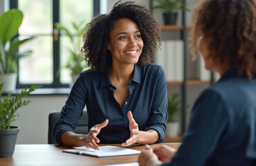 Smiling african american woman in dark blue shirt talks to new colleague at desk. She gestures with hands, explaining tasks. Office meeting, job interview, team building session.