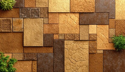 Textured stone wall mosaic features earthy tones and natural elements.
