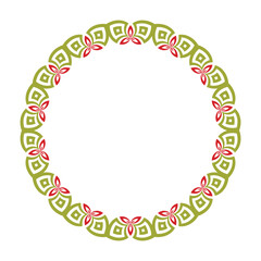 Ornate green and red circle floral frame on a white background. Vector illustration.