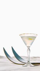 Elegant martini glass with lemon on blue skis isolated on white. Concept of generational culture, emotional aesthetics, modern resort communication design and winter holidays.