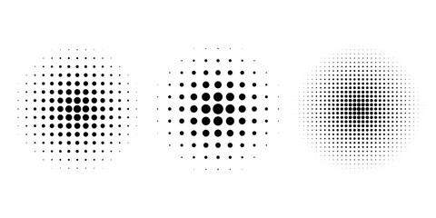 Set of halftone dots gradient pattern texture isolated on white background. Straight dotted spots using halftone circle dot raster texture. Vector blot half tone collection.
