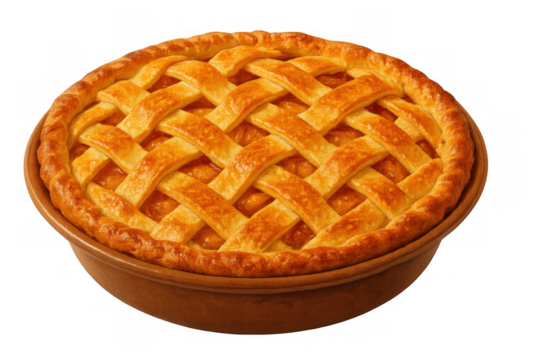 Baked fruit pie with golden lattice crust in a ceramic dish, homemade dessert with sweet filling, transparent background