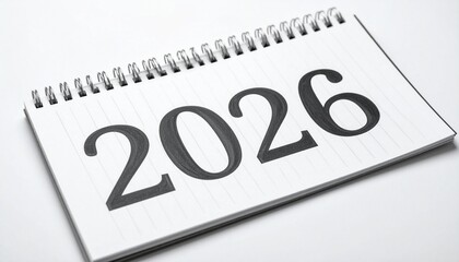 Spiral-bound notebook open to bold “2026” on lined white page.