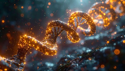 Golden, glowing double helix DNA strand with interconnected nodes against a dark, blurred, natural background