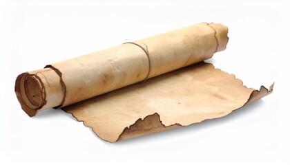 Aged parchment scroll partially unrolled with frayed edges and cylindrical rods.