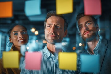 Group of young professionals collaborating during brainstorming session, using colorful sticky notes on glass wall in modern office.