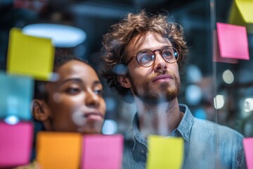 Group of young professionals collaborating during brainstorming session, using colorful sticky notes on glass wall in modern office.