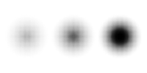 Set of halftone dots gradient pattern texture isolated on white background. Straight dotted spots using halftone circle dot raster texture. Vector blot half tone collection.