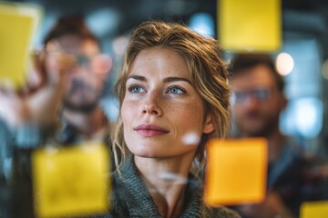 Group of young professionals collaborating during brainstorming session, using colorful sticky notes on glass wall in modern office.