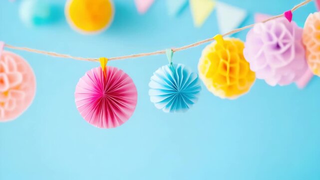 Colorful party decorations with hanging paper pompoms and bunting against blue background