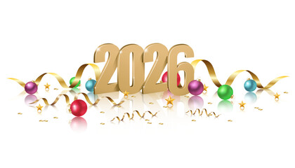 3d realistic vector illustration. Golden 2026 new year and Christmas numbers with confetti and decorative balls with stars on white background.