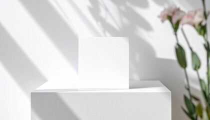 Minimalist white card with ceramic vases and twigs on softly lit surface.