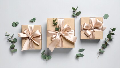 Kraft-wrapped gift boxes with pink satin bows and eucalyptus sprigs on gray surface.
