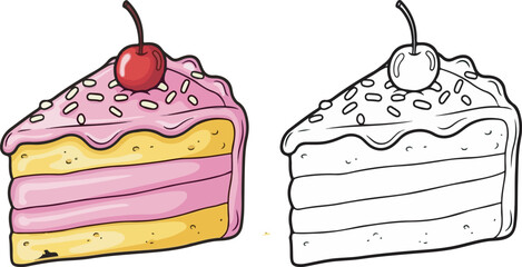Delicious pink layer cake slice with cherry cartoon vector and line art for coloring