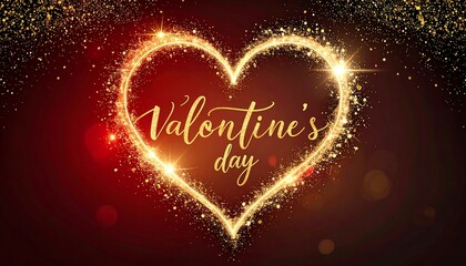 Golden heart with Valentine's Day text against a blurry red gradient background with sparkly particle effects