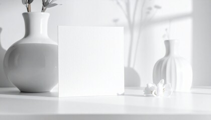 Minimalist white card with ceramic vases and twigs on softly lit surface.