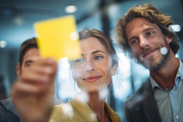 Group of young professionals collaborating during brainstorming session, using colorful sticky notes on glass wall in modern office.