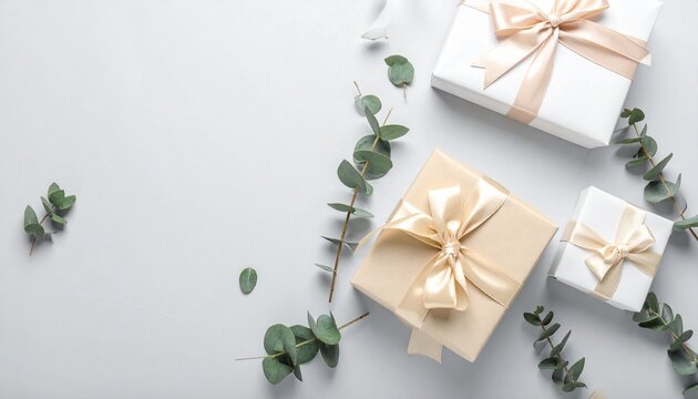 Kraft-wrapped gift boxes with pink satin bows and eucalyptus sprigs on gray surface.