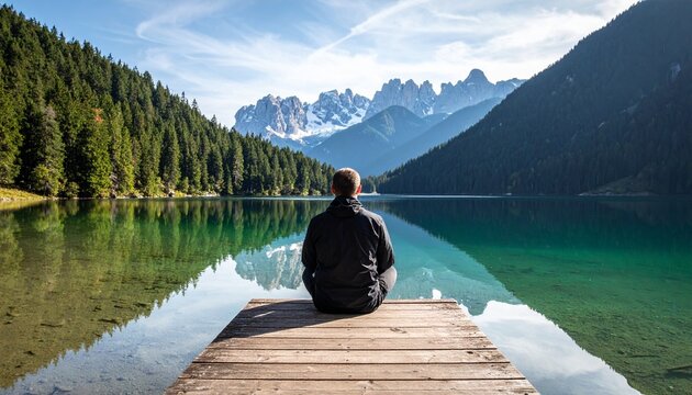 Person meditating on dock overlooking calm lake and mountain landscape at twilight.