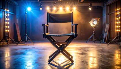 Cinematic studio setup with black director’s chair and dramatic lighting.