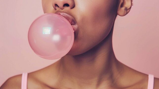 An young woman chewing bubblegum, blowing a bubble against a light pink background