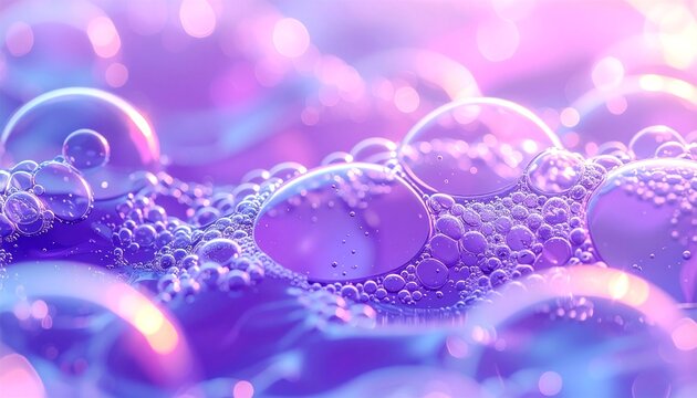 A creative abstract background featuring soapy purple hues filled with bubbles that refract shades of blue, pink, and violet. Water and soap blend together in a vibrant mix of colors and tones