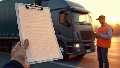 Hand holds clipboard with inspection form near truck. Inspector in safety vest checks vehicle. Paperwork ensures transport compliance, driver logs verify safety regulations before departure. AI
