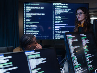 Female Software Developer Manager Leader presenting Coding Software development application Project, Briefing solution to Programmer Team in Co working Office Space. Tech and artificial intelligence.