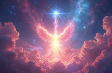 Fototapeta premium Illustration presents a divine angel with wings against a cosmic backdrop. Pink clouds surround celestial figure. Bright star shines above spiritual scene evoking magic.