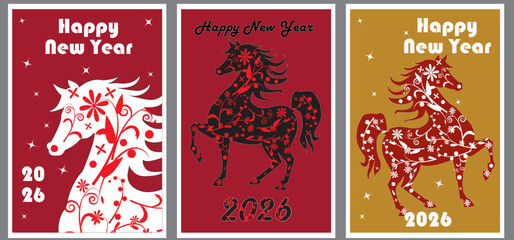 2026 Year of the Horse New Year greeting card with horse design elements, flowers, branches, and stars. Concept for holiday decor and banner. Isolated vector illustrations, style.
