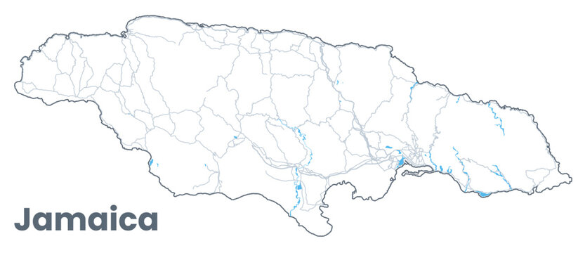 Detailed Vector map of Jamaica - an island country in the Caribbean - Urban borders map. Light stroke poster with streets.