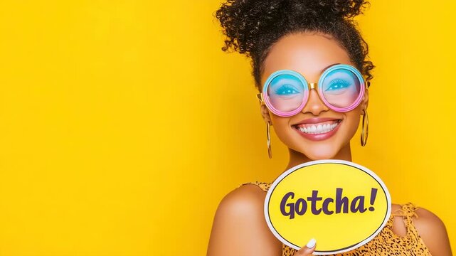 Playful woman in sunglasses holding a "gotcha!" sign against yellow background