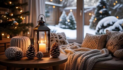 a lantern on the table in the room next to the sofa, winter outside the window