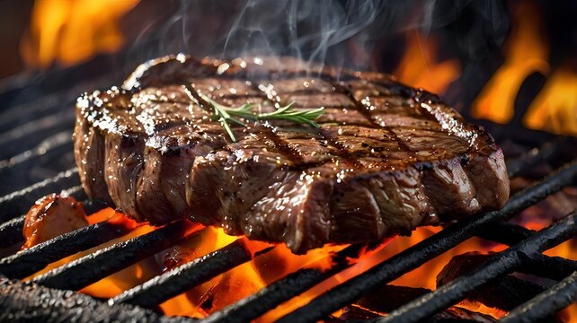 a juicy piece of steak is grilled on a grill rack