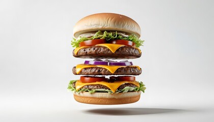 a large hamburger with a double patty on a white background