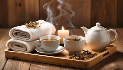 a tea ceremony with tea cups and towels on a tray